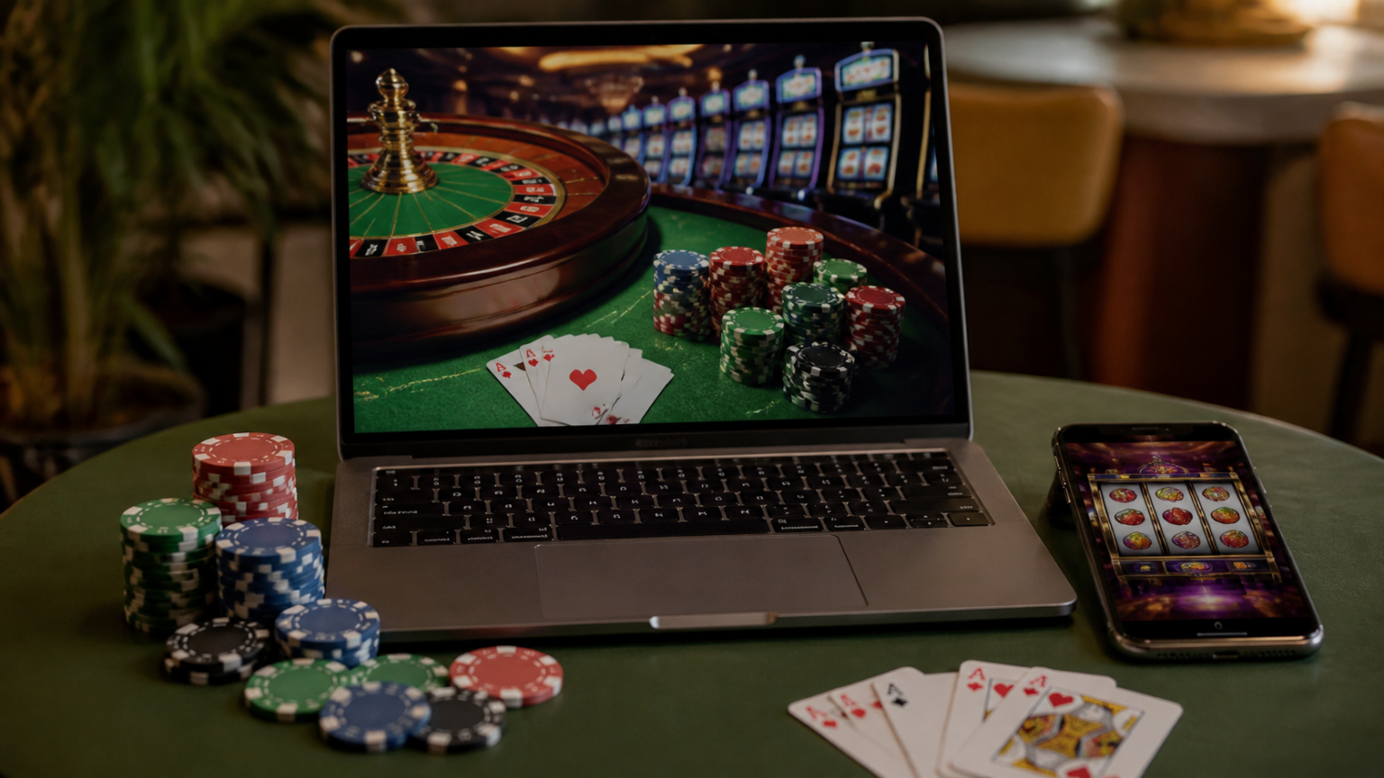 Laptop and phone showing an online casino gaming screen with chips and cards