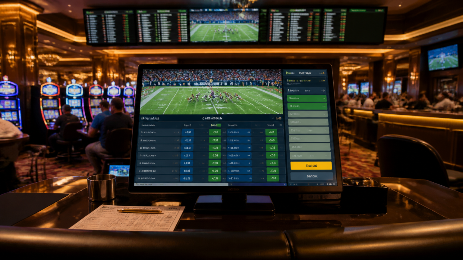 Sports betting screen with football odds and betting slip in a casino-related setting