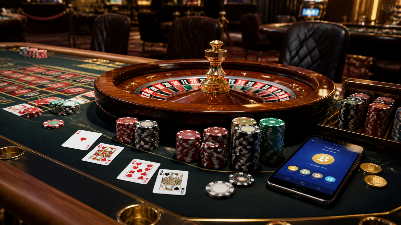 Casino gaming table with chips and cards