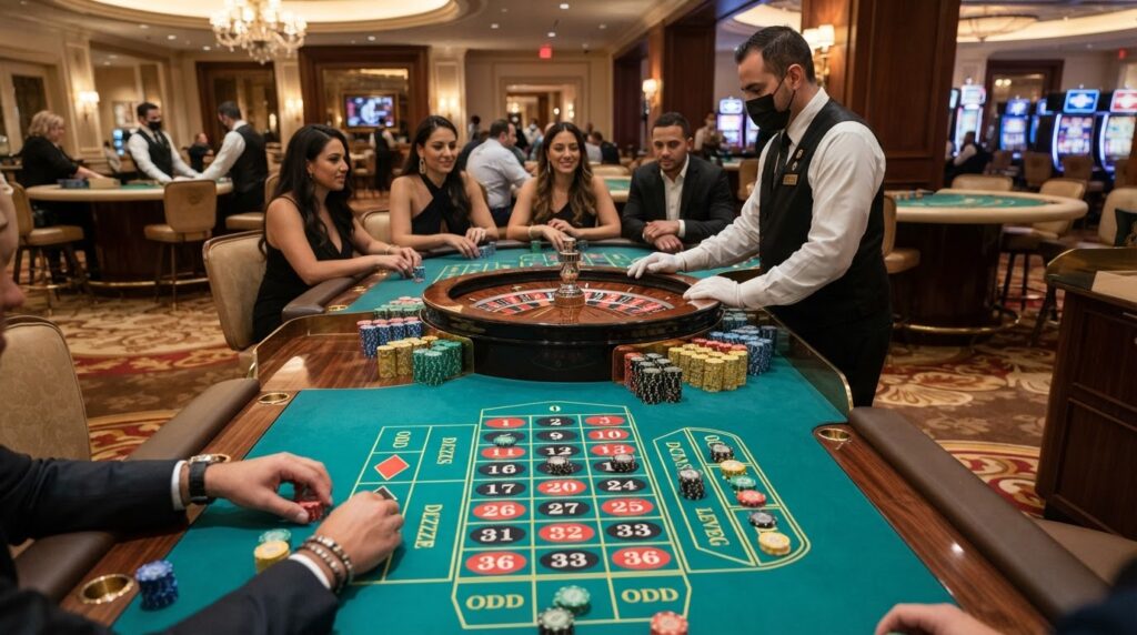 Navigating Singapore Online Casino Platforms Safely A detailed close-up of a casino roulette table with chips and a spinning wheel in an elegant gaming venue.