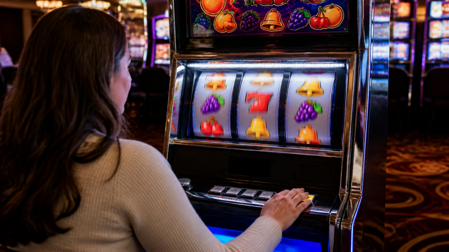 Máy trò chơi nổ hũ với các cuộn biểu tượng trong không gian casino