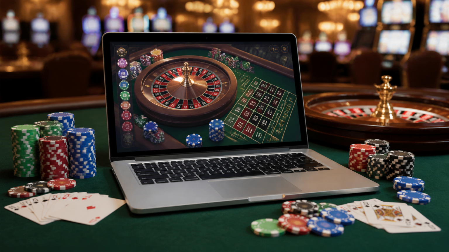 オンラインバカラで遊ぶ方法を徹底解説|人気のカジノゲームを楽しむコツ Online casino Malaysia gaming setup with laptop, chips, and cards
