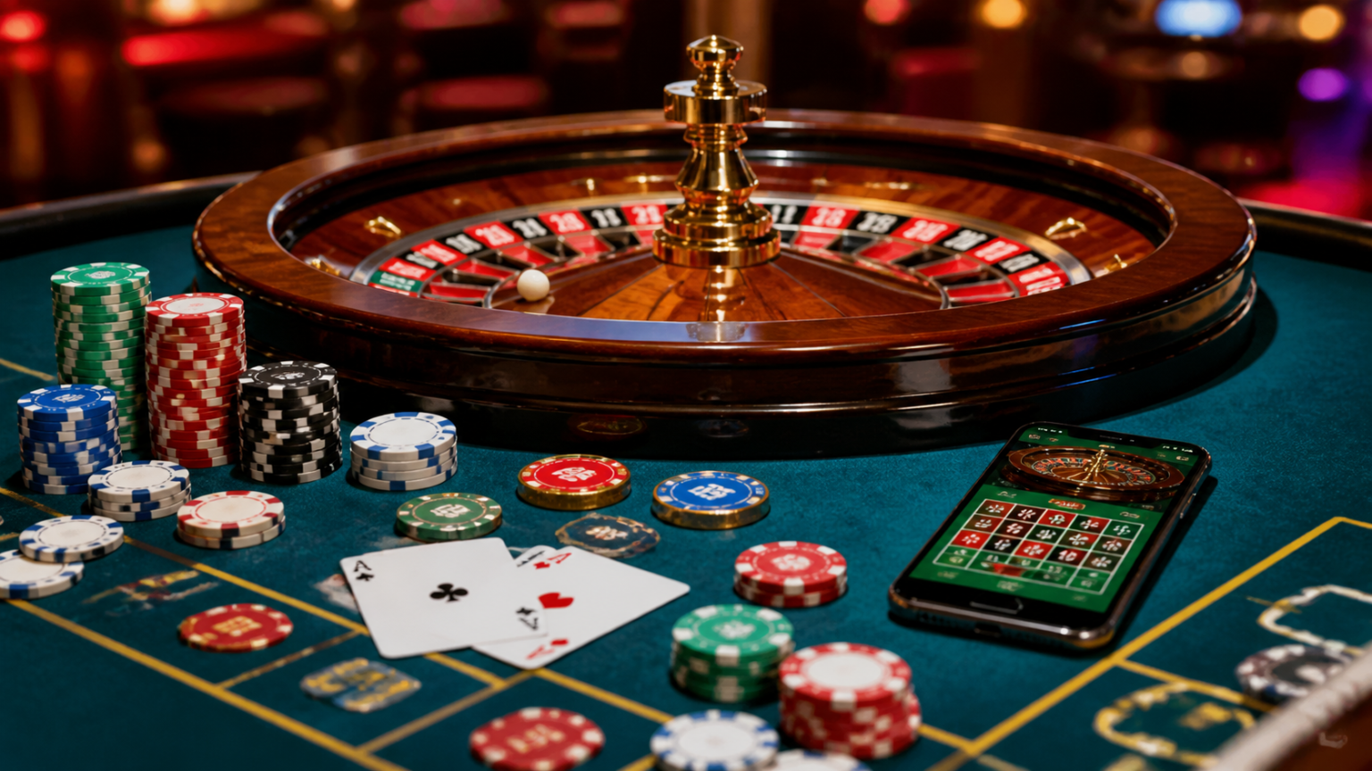 ライブカジノハウス 入金不要ボーナスの仕組みと注意点を初心者向けに解説 Casino table with chips, cards, and a smartphone showing online casino play