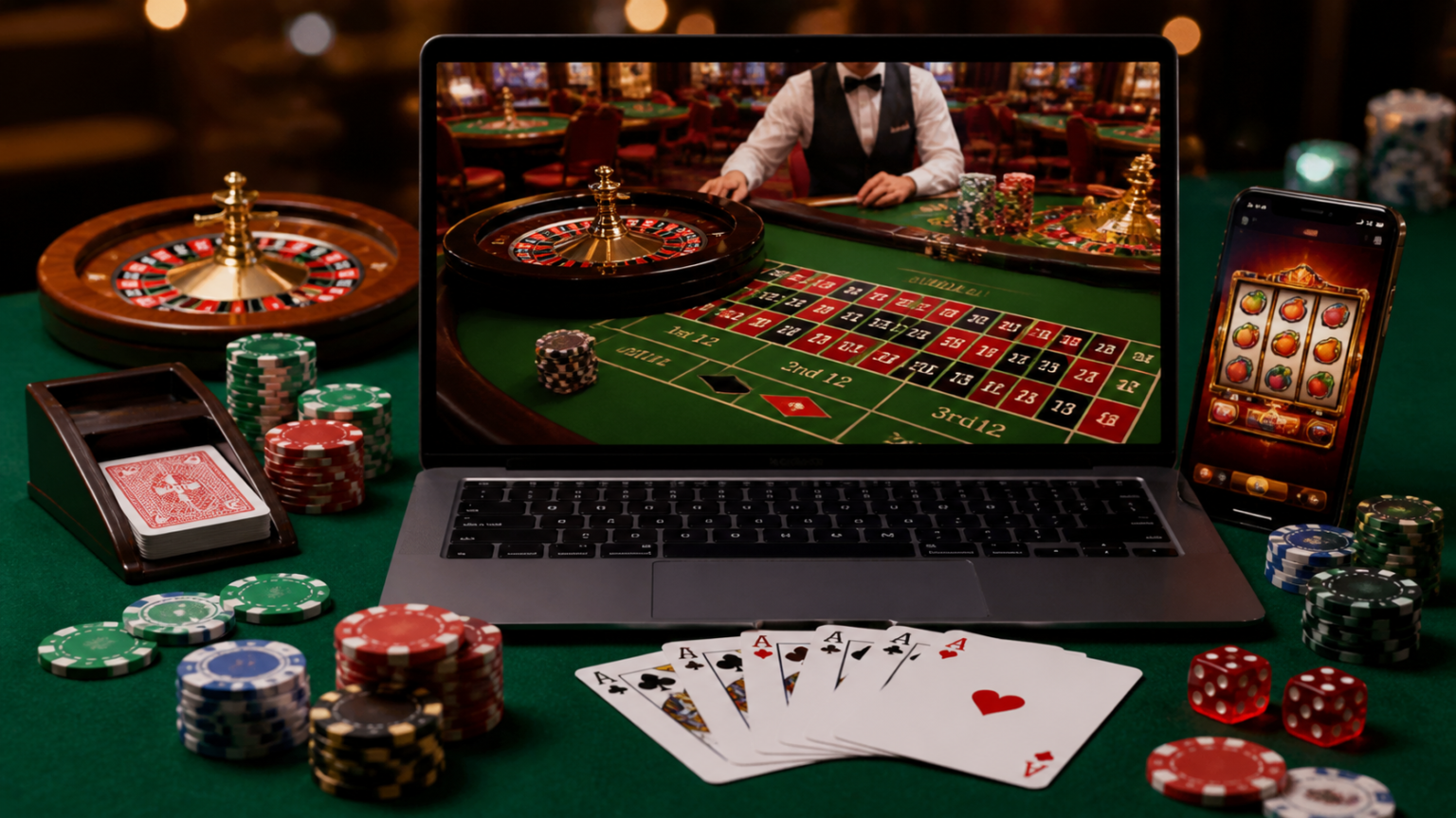 Online casino Singapore gaming setup with cards, chips, and roulette