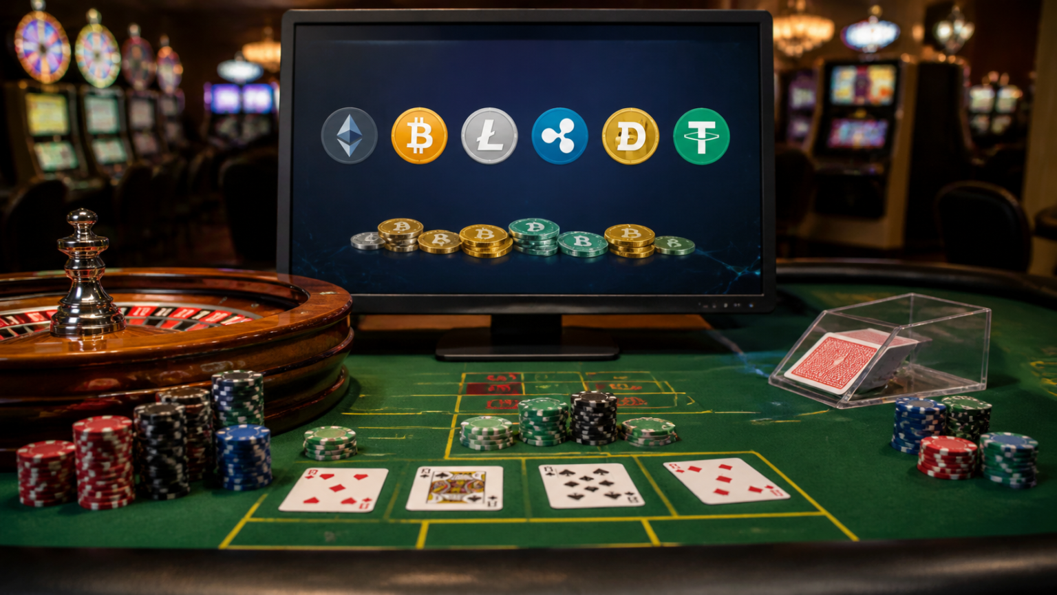 Casino gaming scene with crypto payment elements