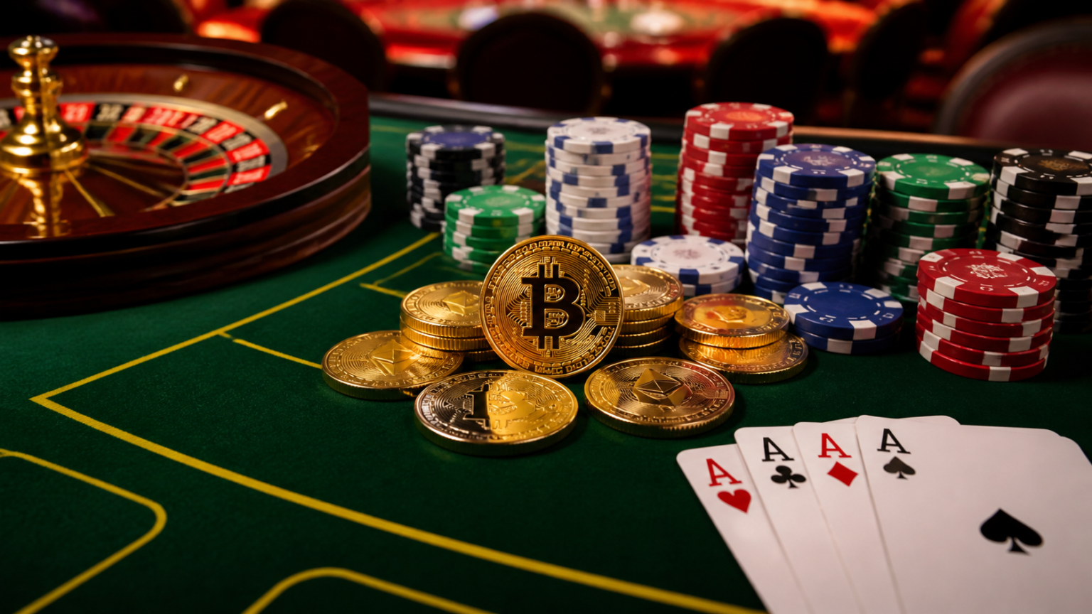 Casino table with cryptocurrency coins and cards representing an online crypto casino