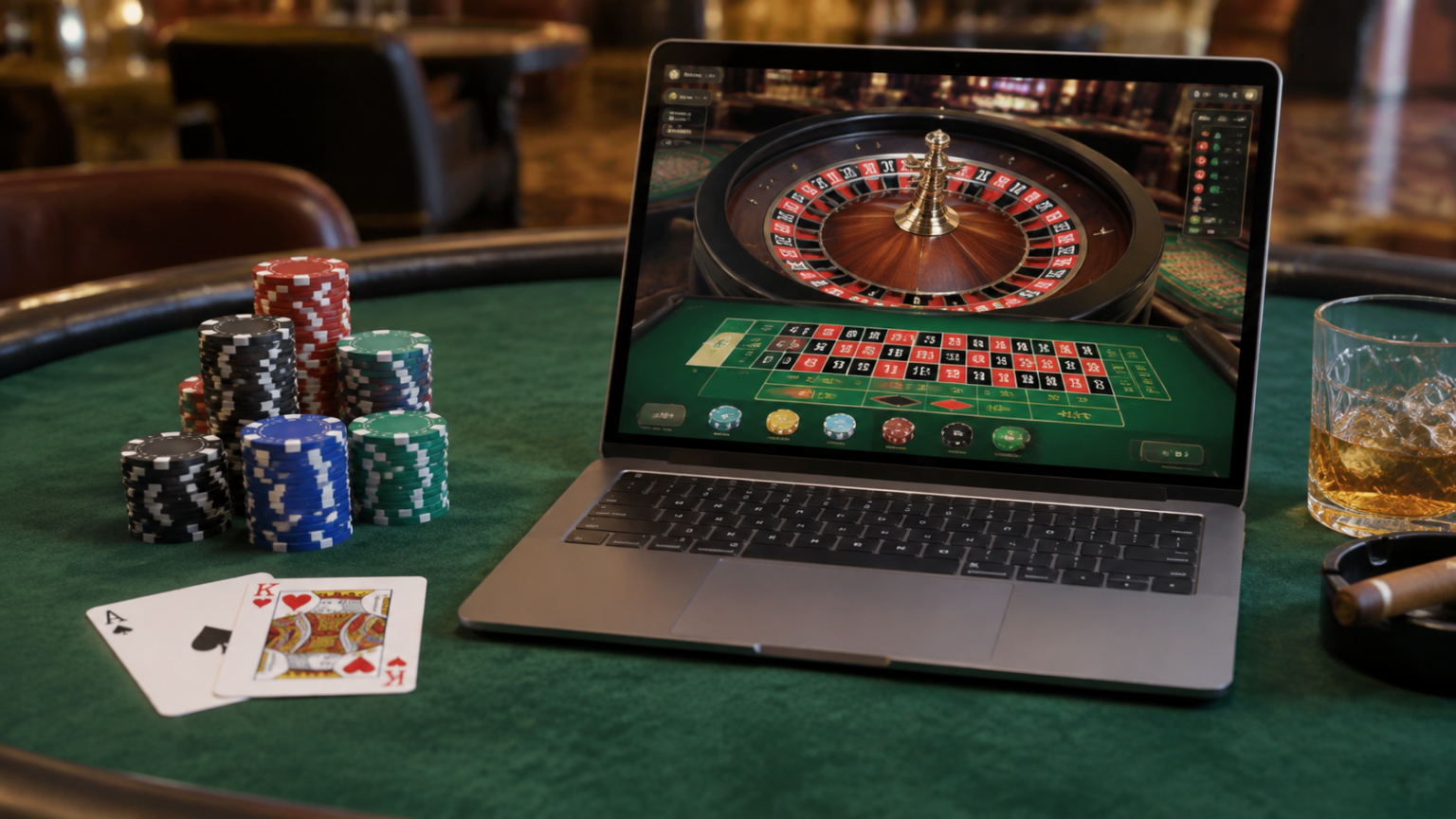 Laptop displaying an online casino roulette game beside playing cards and casino chips