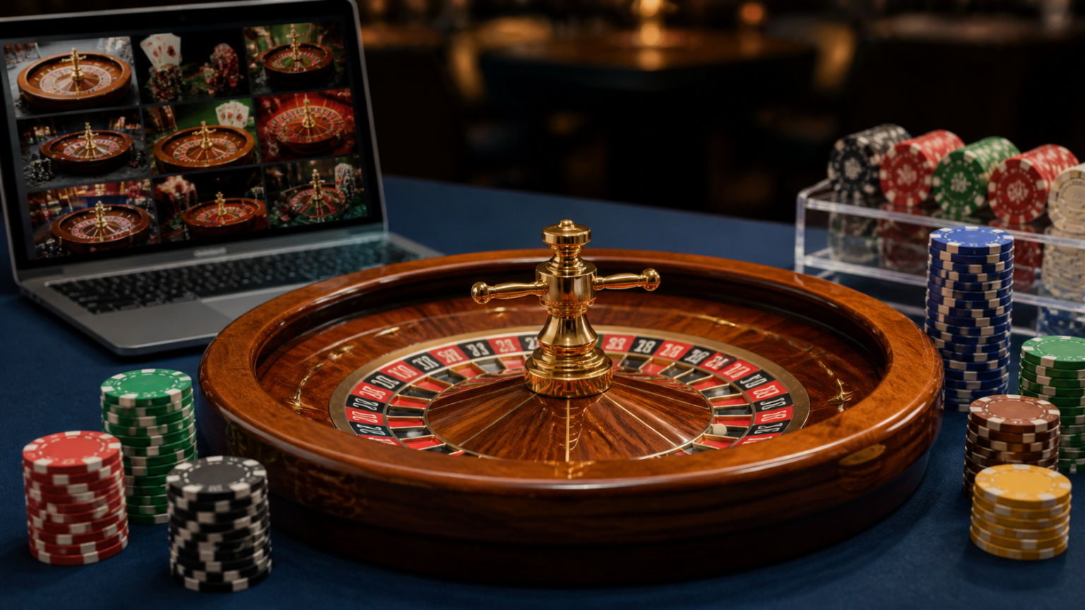 Online casino betting interface on a laptop with chips and cards