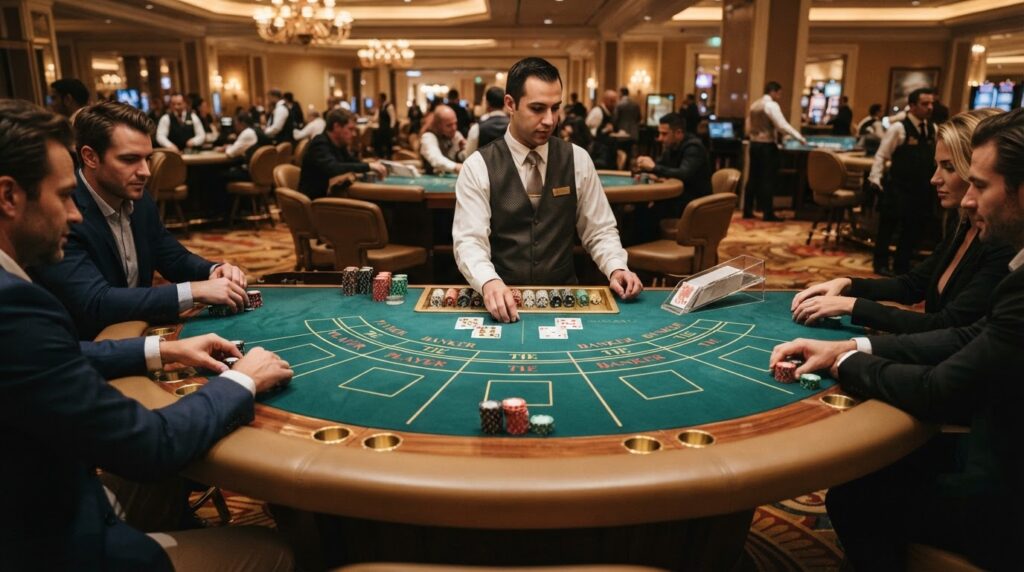 Bàn chơi baccarat trực tuyến với bộ bài và chip cược casino