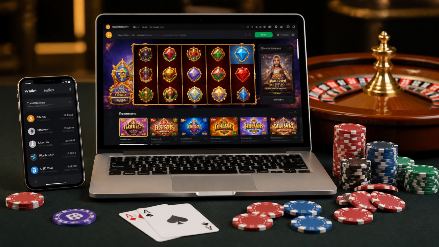 オンラインカジノサイトを選ぶなら?安全性やサービス内容を比較 Crypto online casino gaming setup with laptop and digital wallet