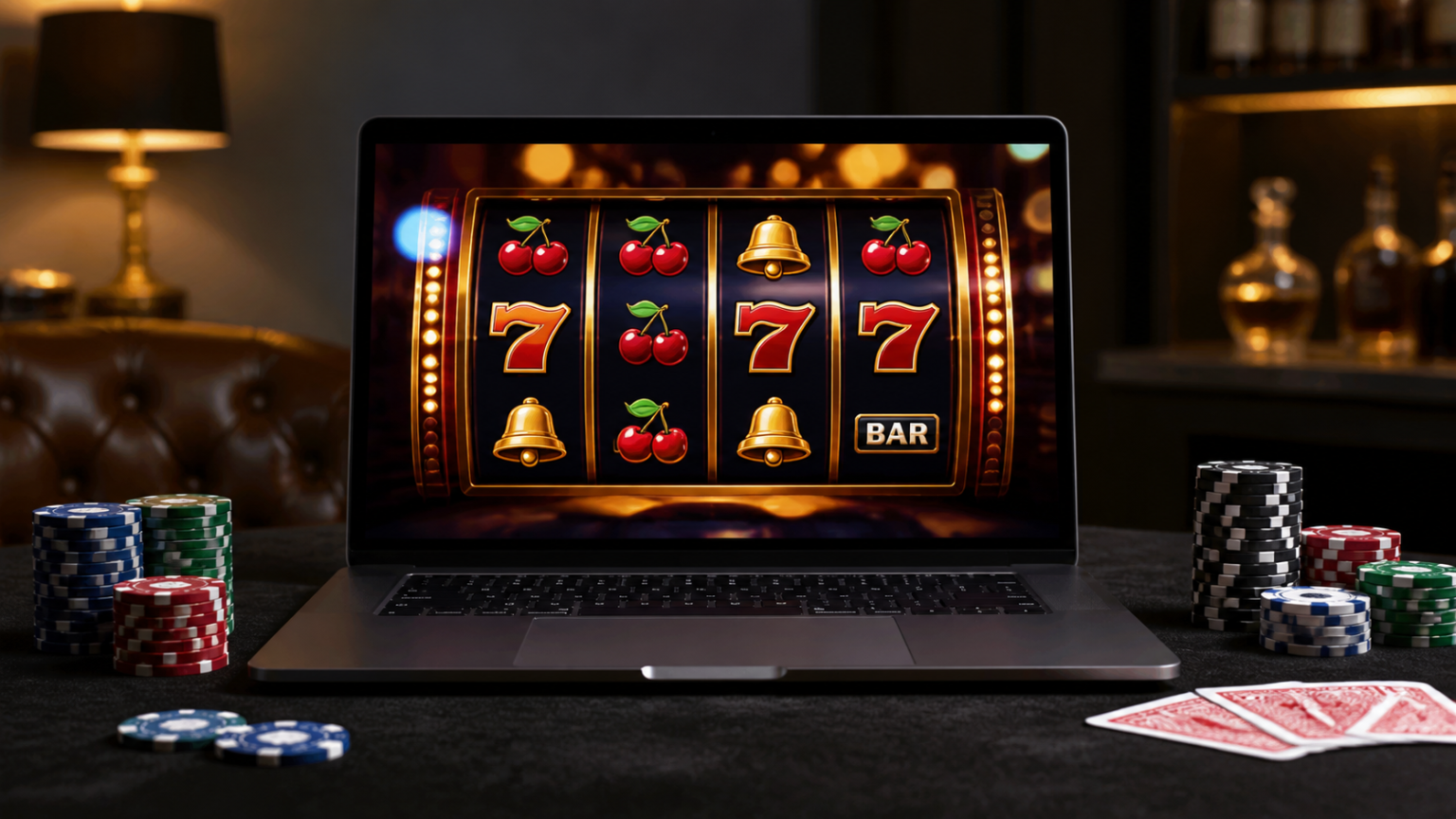 What to Know Before Playing at an Online Casino Laptop displaying an online casino game with chips on a desk